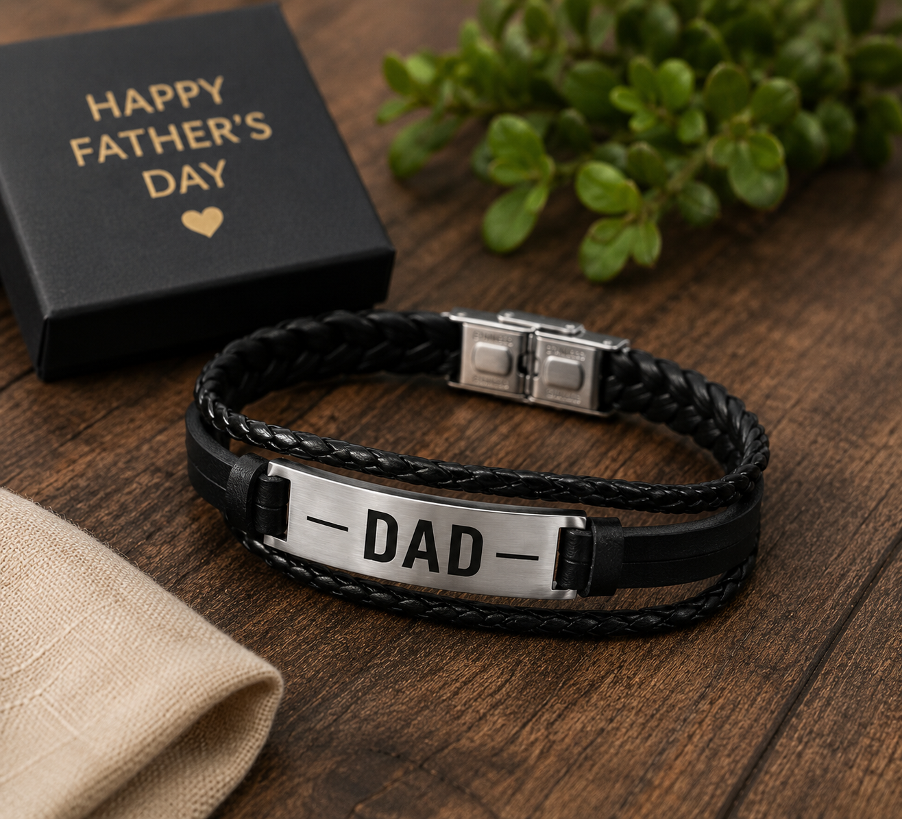 Father’s Day Personalized Bracelet | Custom Engraved Dad Bracelet | Gold, Silver & Braided Leather