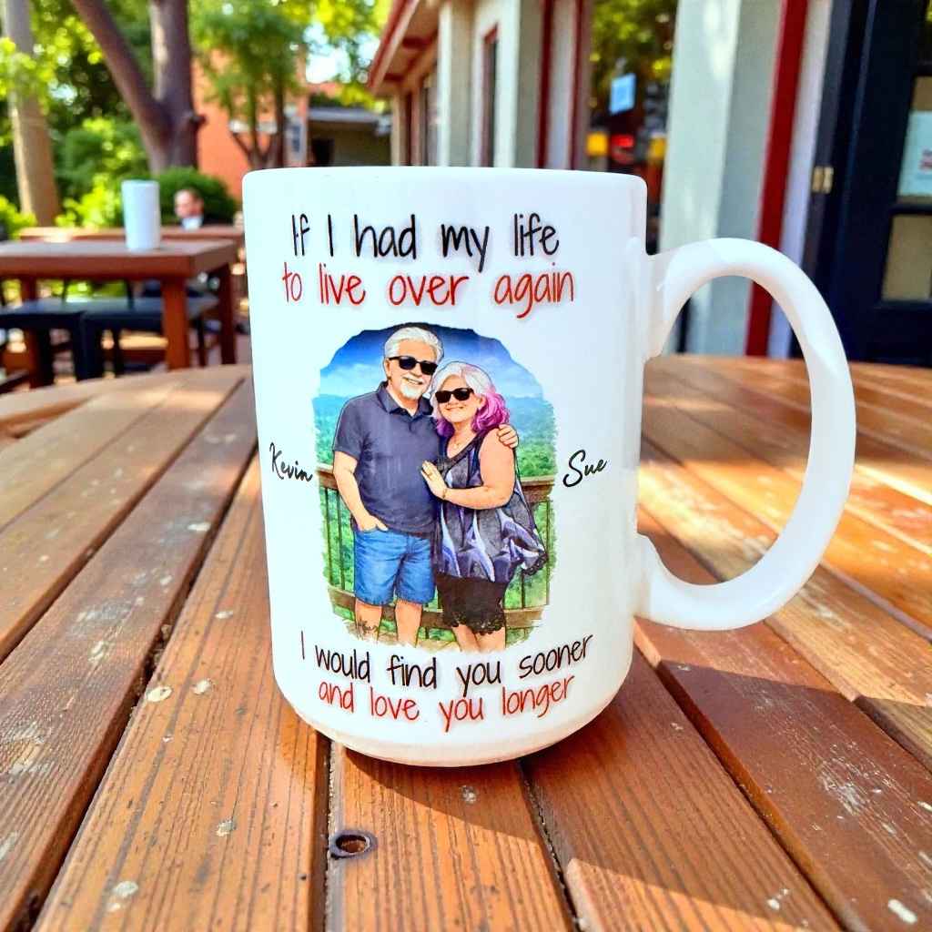 Personalized mug with a photo of a couple and text on a wooden table outdoors.
