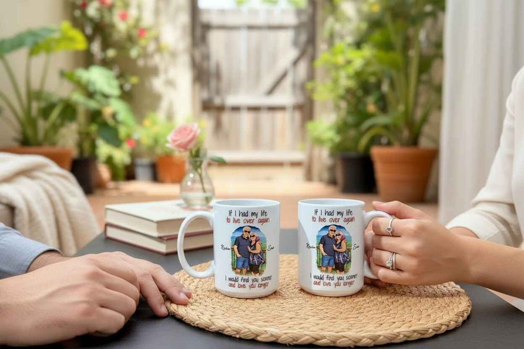 Two people holding mugs with a printed design of a couple and text, sitting at a table with plants in the background.