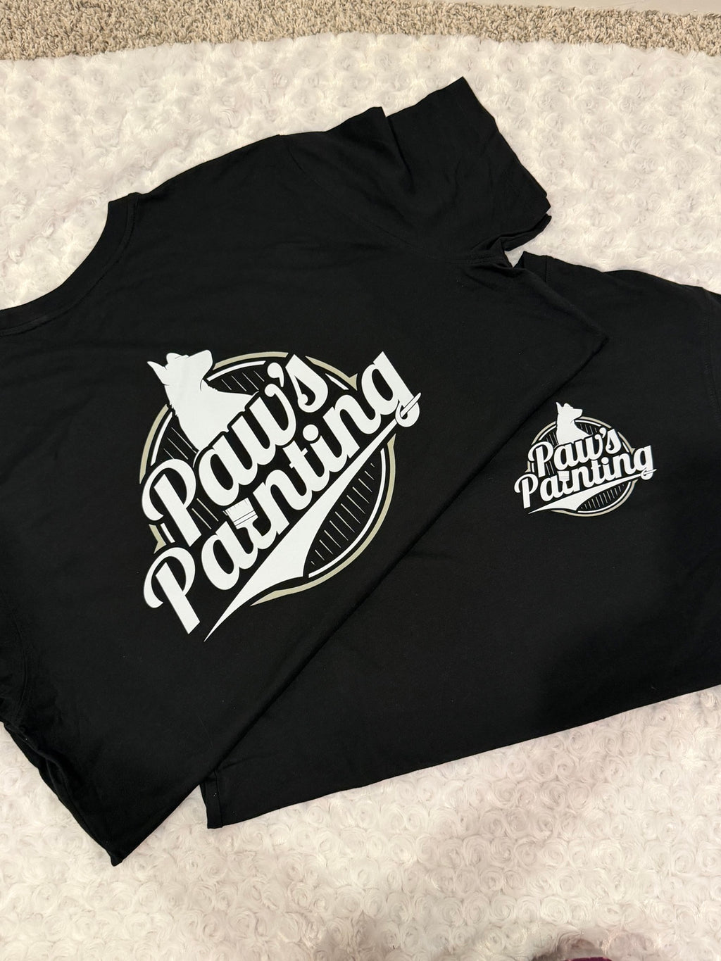 Custom black DTF t-shirts with Paws Painting business logo, front and back print