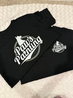 Custom black DTF t-shirts with Paws Painting business logo, front and back print
