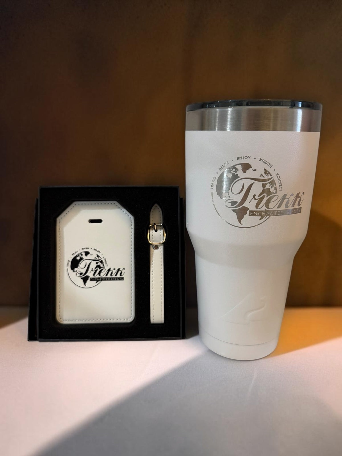 Personalized luggage tag and 32 oz tumbler gift set with custom engraved logo