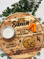 Personalized Santa cookie tray styled with glass of milk, chocolate chip cookies and carrots for the reindeer