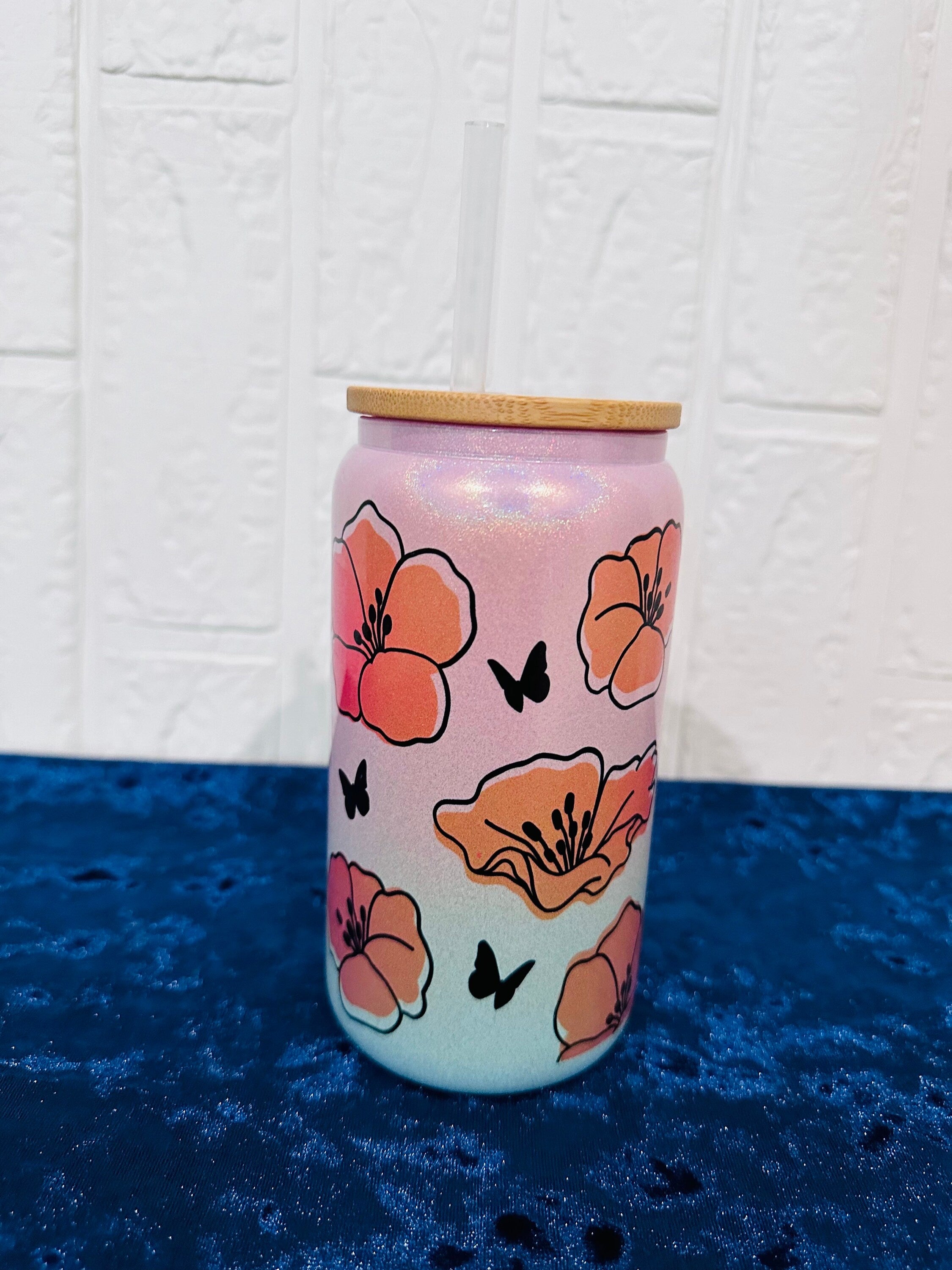 16oz Libby Glass can, Gradient Blue Pink Glass can, Gifts for Girls, Shimmer Glass Tumbler, 16oz Glass Tumbler, Flowers Glass Tumbler