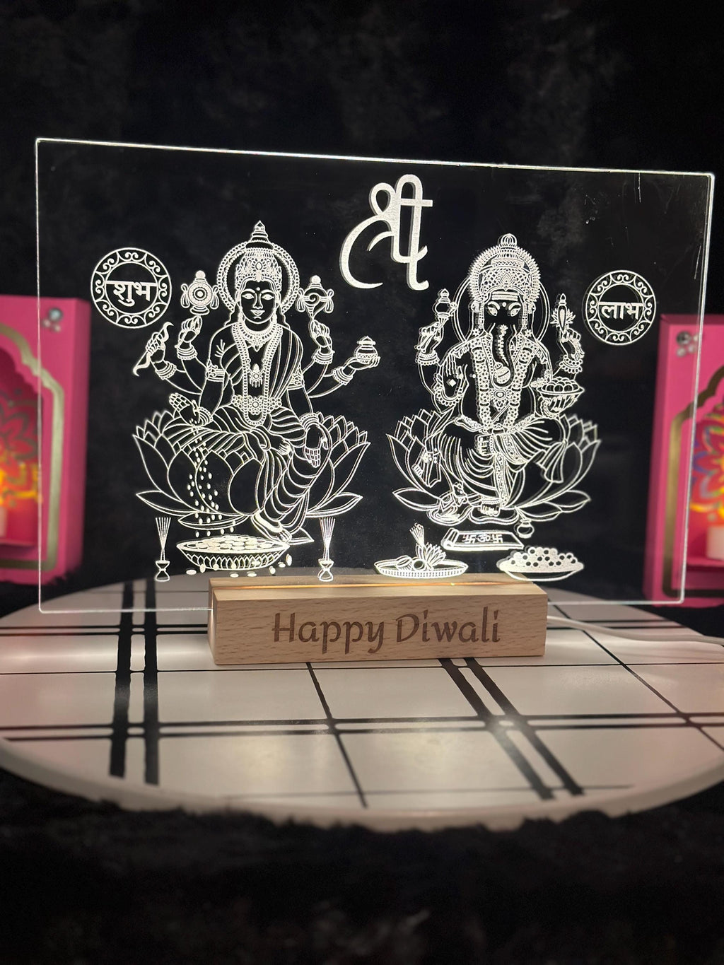 LED Engraved Acrylic Light Featuring Lakshmi & Ganesha, Custom Message, Housewarming Gift, Gifts, Customized Gifts, Led Light, Home Decor