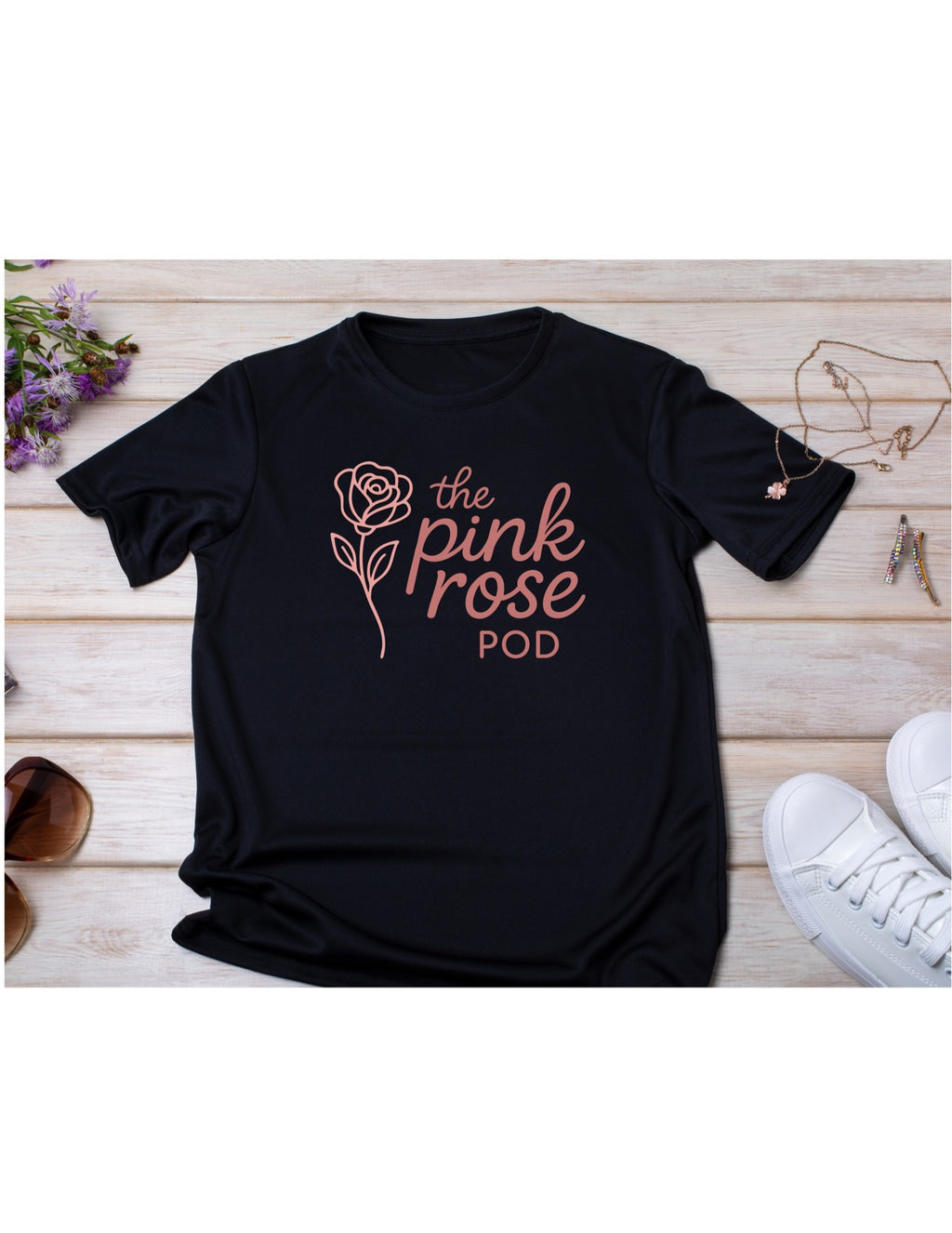 Custom black DTF t-shirt with The Pink Rose Pod logo print, personalized business shirt example
