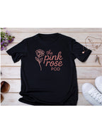 Custom black DTF t-shirt with The Pink Rose Pod logo print, personalized business shirt example