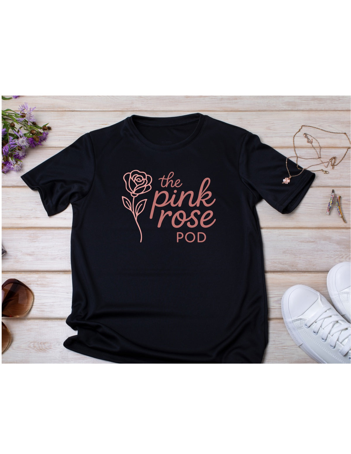 Custom black DTF t-shirt with The Pink Rose Pod logo print, personalized business shirt example