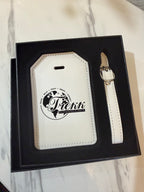 White leatherette luggage tag in gift box with custom engraving