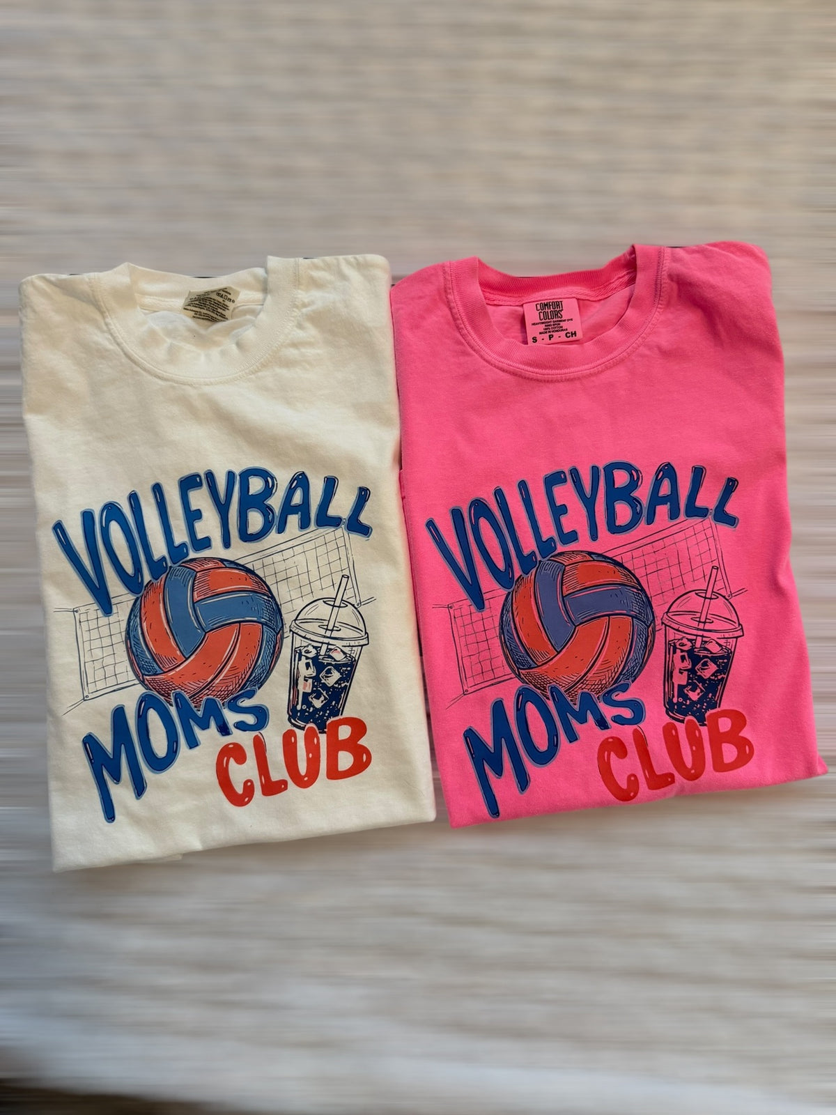 Custom Volleyball Moms Club DTF t-shirts in cream and pink Comfort Colors