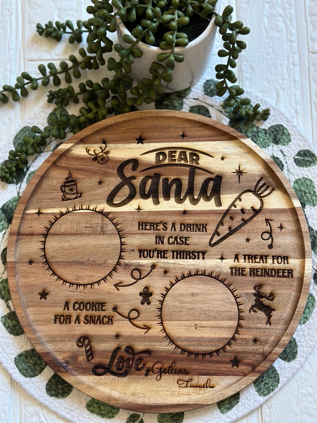 Dear Santa Christmas Eve tray engraved with cookie, drink and reindeer treat spots – personalized wooden tray