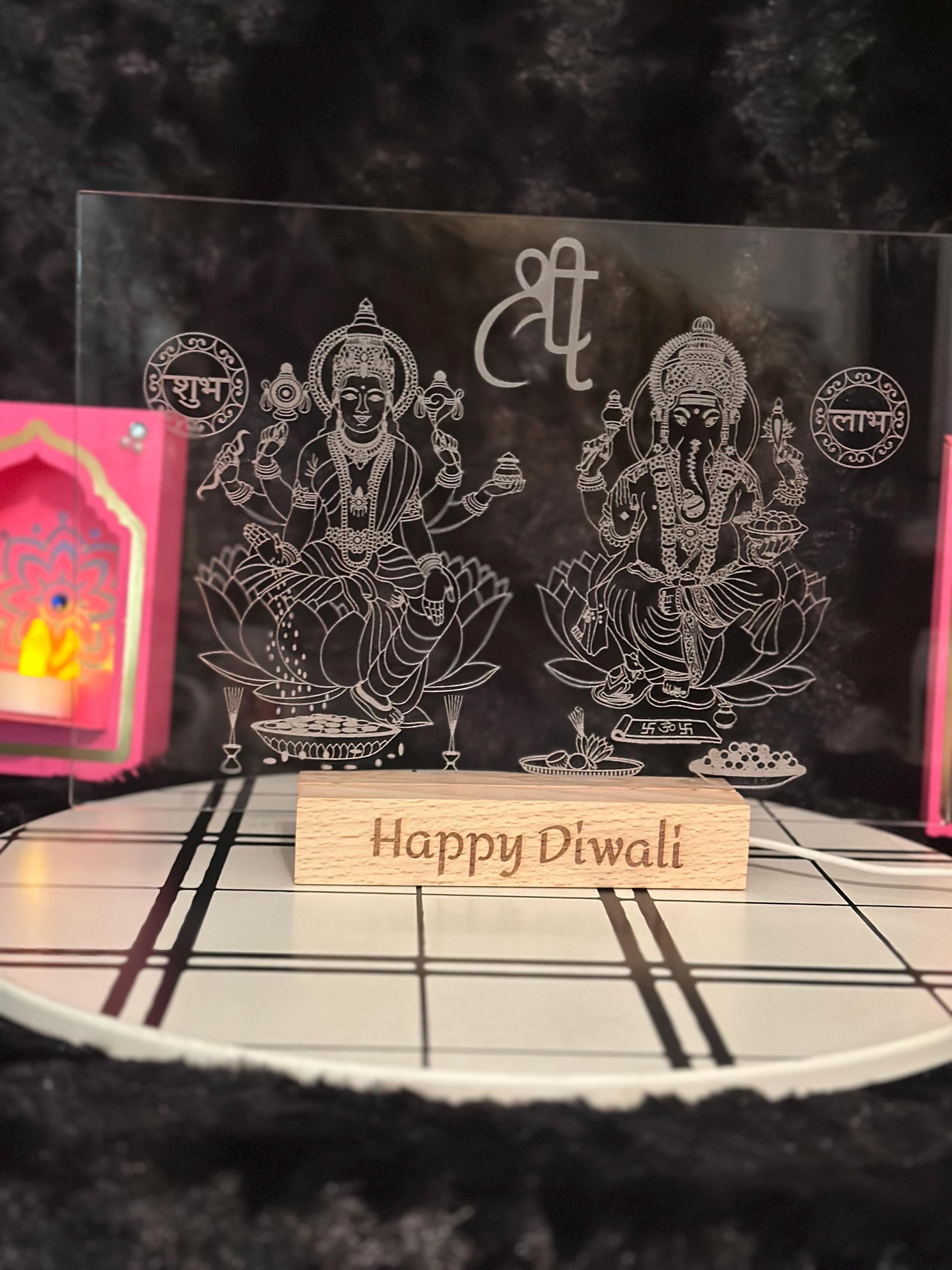 LED Engraved Acrylic Light Featuring Lakshmi & Ganesha, Custom Message, Housewarming Gift, Gifts, Customized Gifts, Led Light, Home Decor