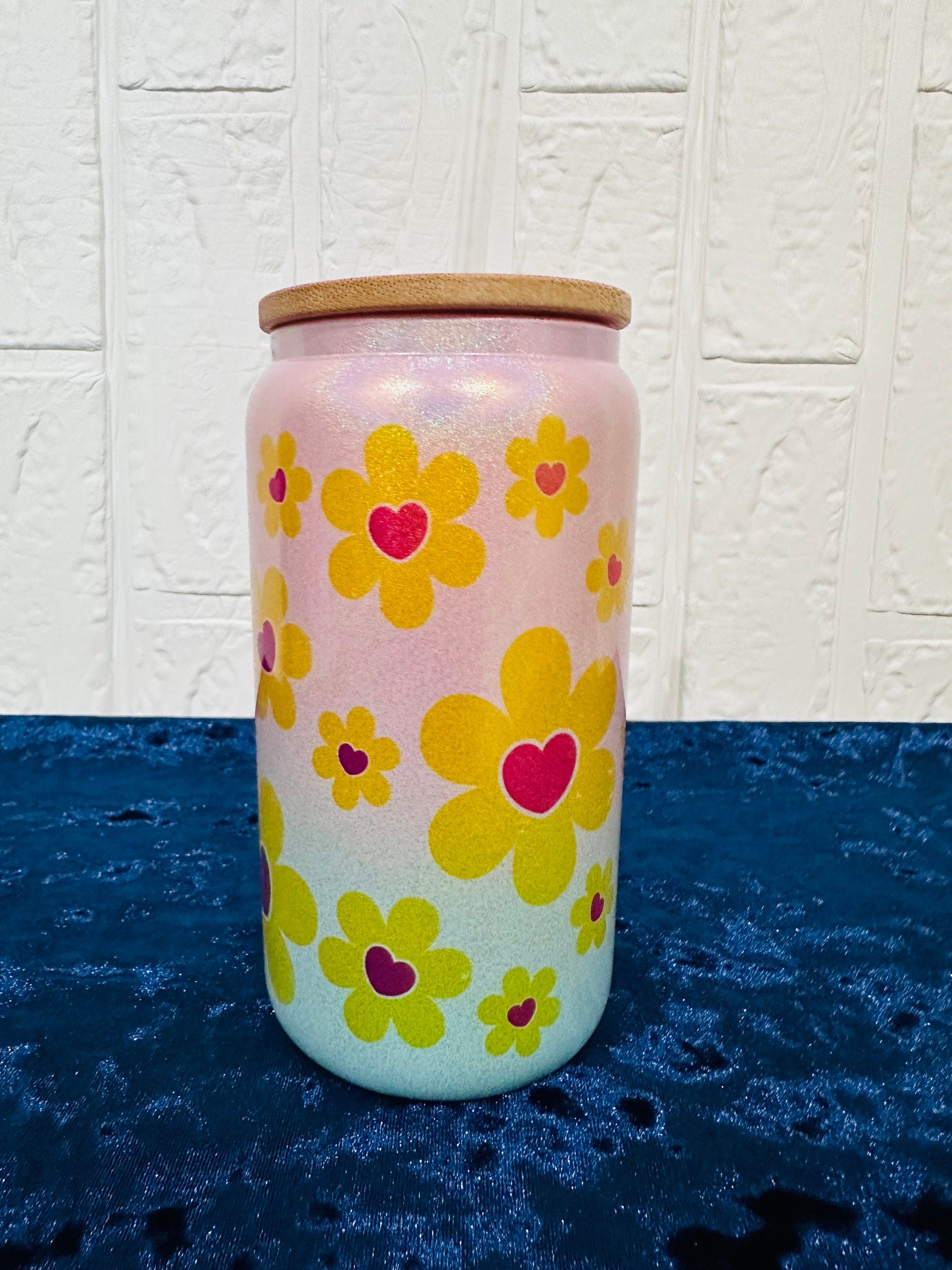 16oz Libby Glass can, Gradient Blue Pink Glass can, Gifts for Girls, Shimmer Glass Tumbler, 16oz Glass Tumbler, Daisy Glass Tumbler