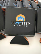 Black leatherette can cooler with full-color UV printed business logo