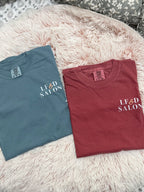 Custom Comfort Colors DTF t-shirts with LF and D Salon chest logo in blue and rust