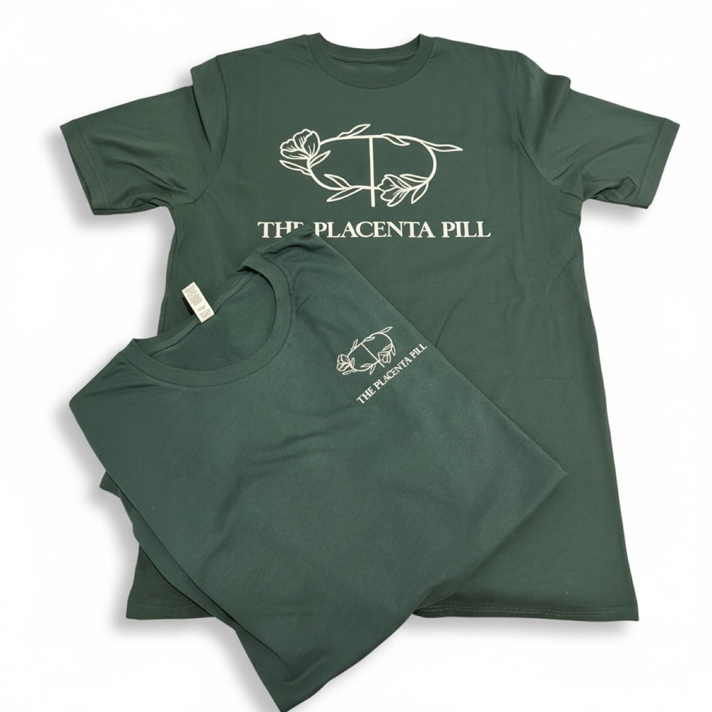 Custom dark green DTF t-shirts with The Placenta Pill logo print