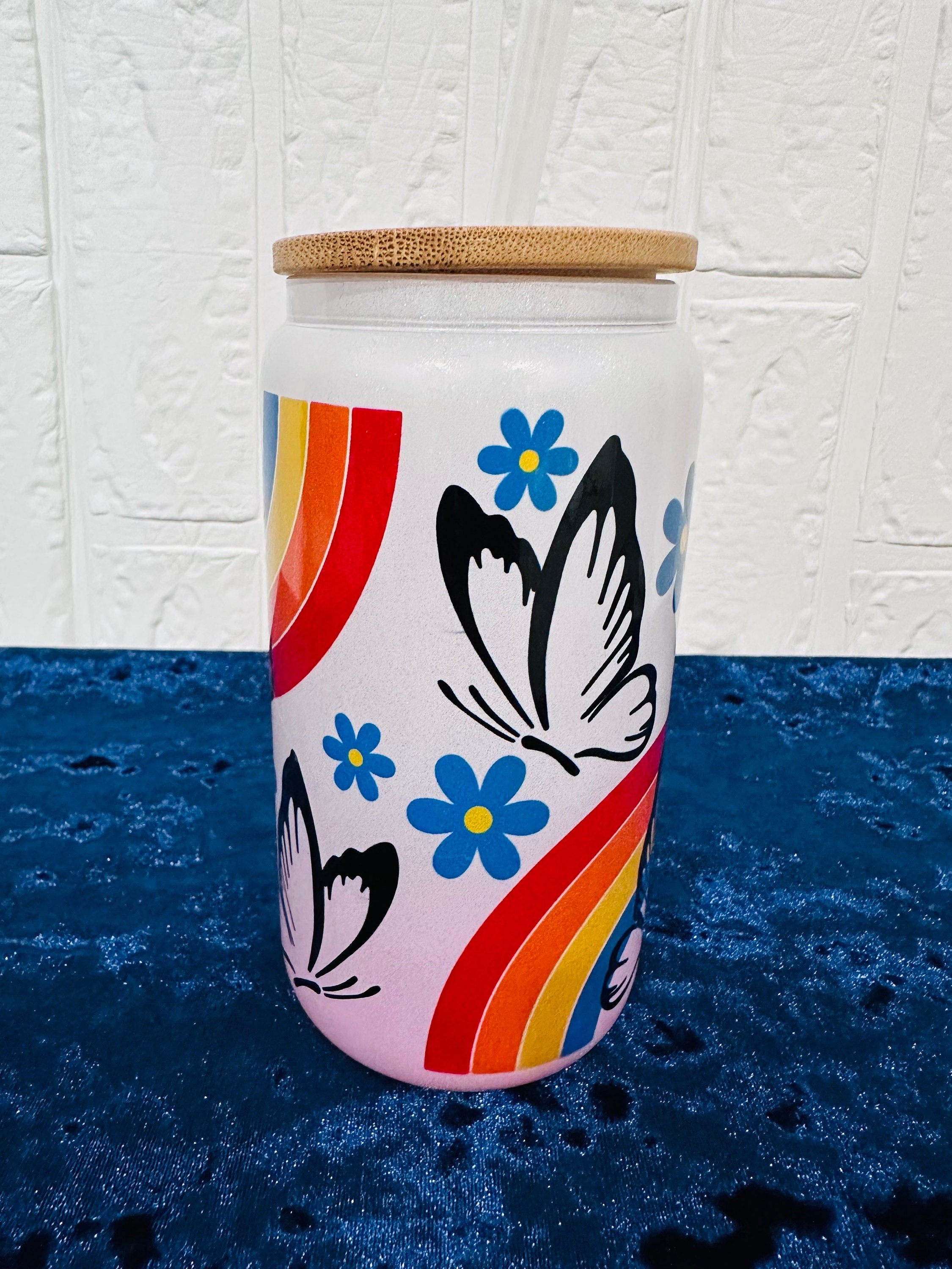 16oz Libby Glass can, Gradient Pink Glass can, Gifts for Girls, Shimmer Glass Tumbler, 16oz Glass Tumbler, Glass Tumbler, Butterfly GlassCan