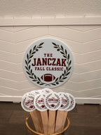 Round custom event sign with football design - personalized party sign and drink stirrers