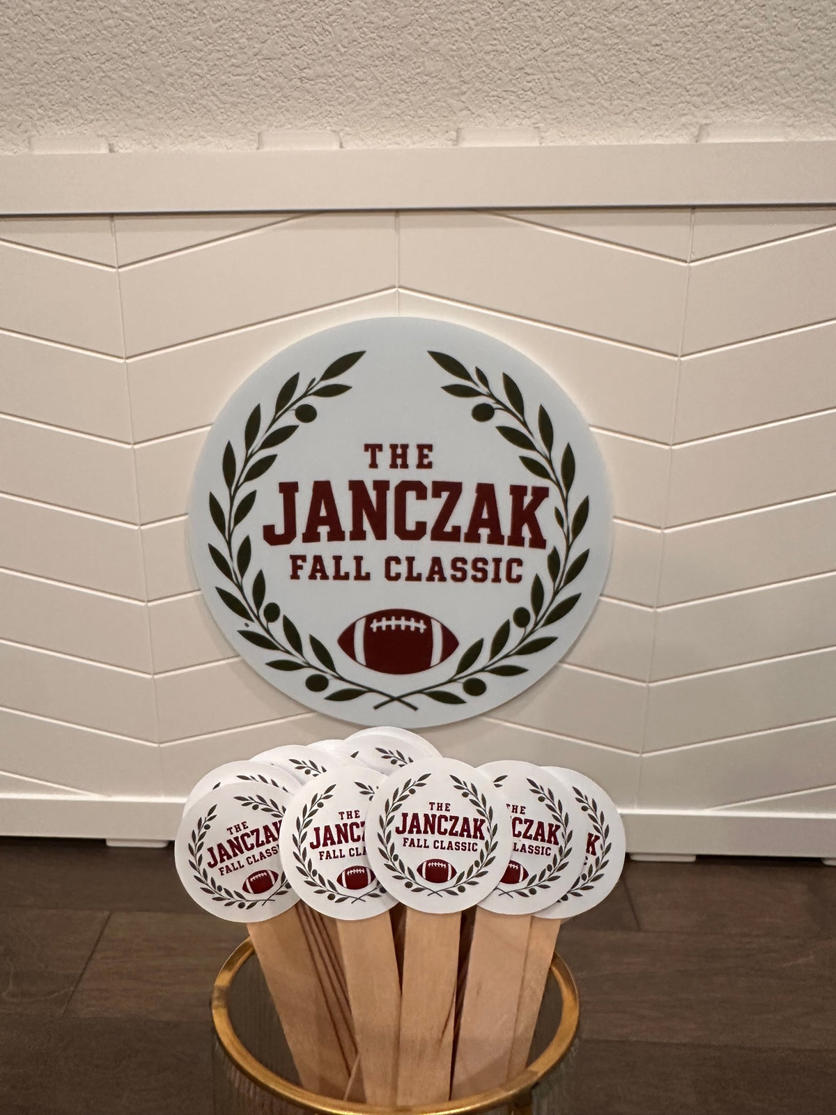 Round custom event sign with football design - personalized party sign and drink stirrers