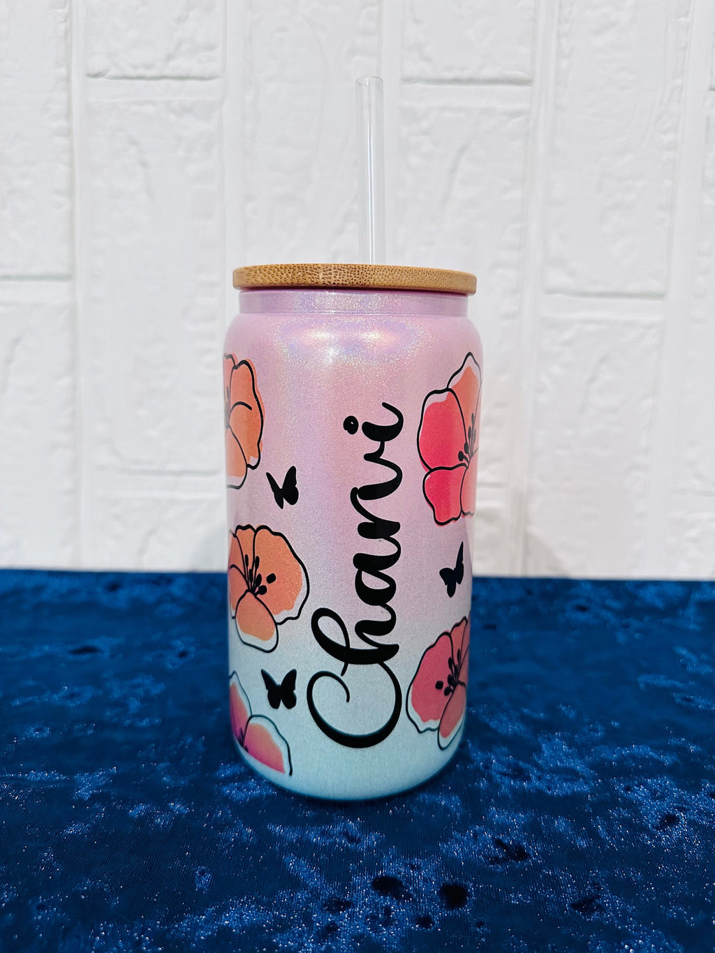 16oz Libby Glass can, Gradient Blue Pink Glass can, Gifts for Girls, Shimmer Glass Tumbler, 16oz Glass Tumbler, Flowers Glass Tumbler