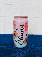 16oz Libby Glass can, Gradient Blue Pink Glass can, Gifts for Girls, Shimmer Glass Tumbler, 16oz Glass Tumbler, Flowers Glass Tumbler