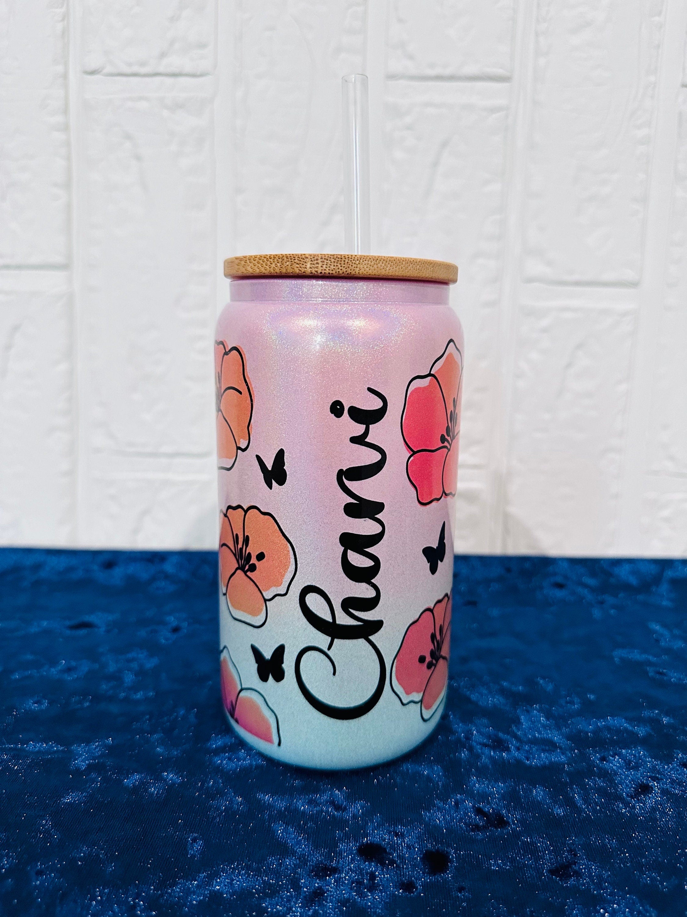 16oz Libby Glass can, Gradient Blue Pink Glass can, Gifts for Girls, Shimmer Glass Tumbler, 16oz Glass Tumbler, Flowers Glass Tumbler
