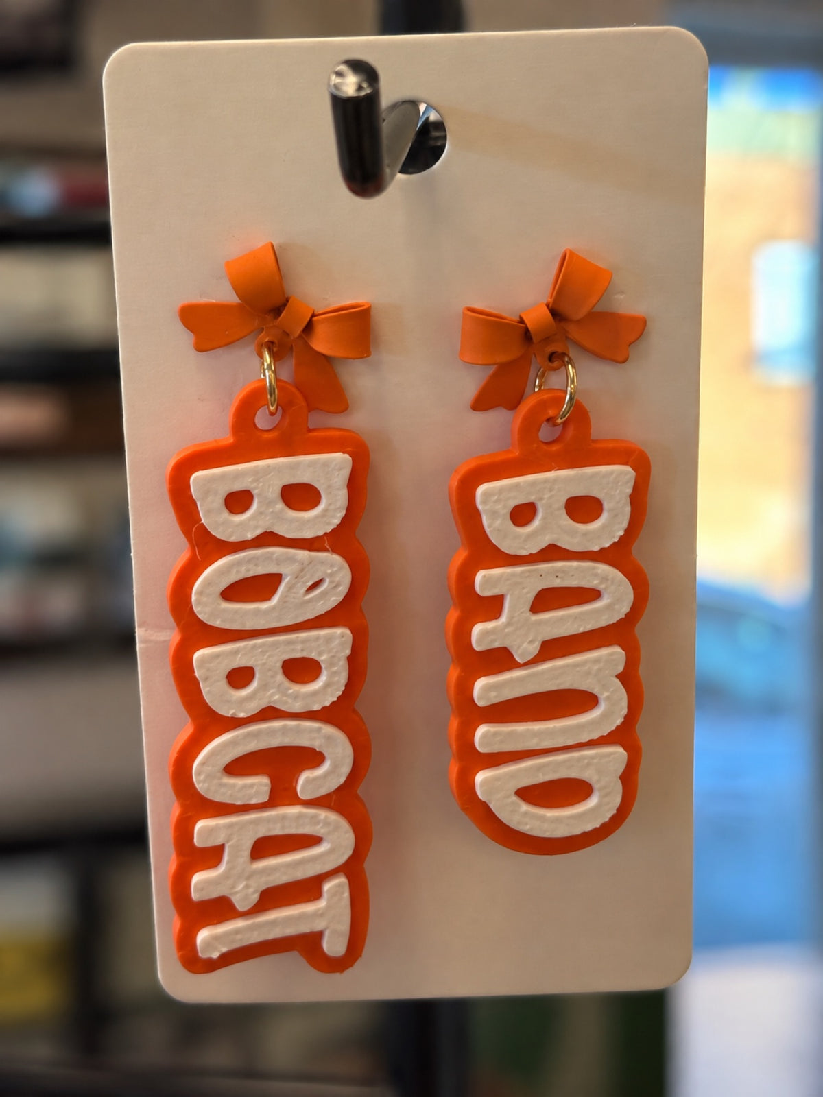3D printed BOBCAT dangle earrings with painted alloy bow tops - Bobcats spirit earrings