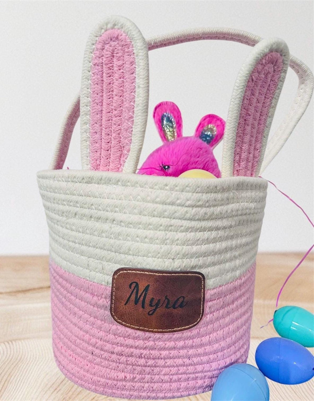 Custom Easter Bunny Basket with Engraved Leather Name patch, Easter Basket, Bunny Basket, Woven Basket with Leather patch, Easter Baskets