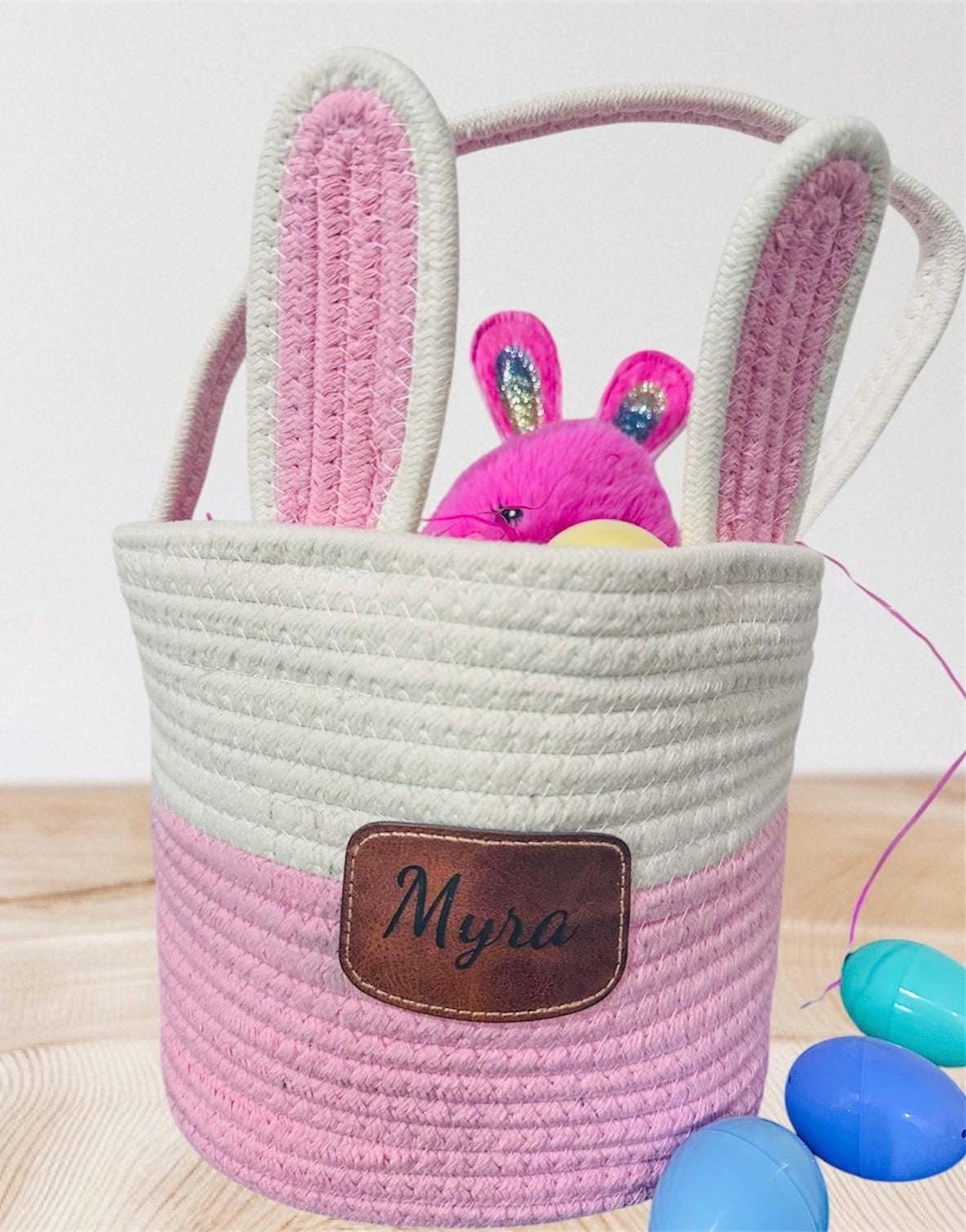 Custom Easter Bunny Basket with Engraved Leather Name patch, Easter Basket, Bunny Basket, Woven Basket with Leather patch, Easter Baskets