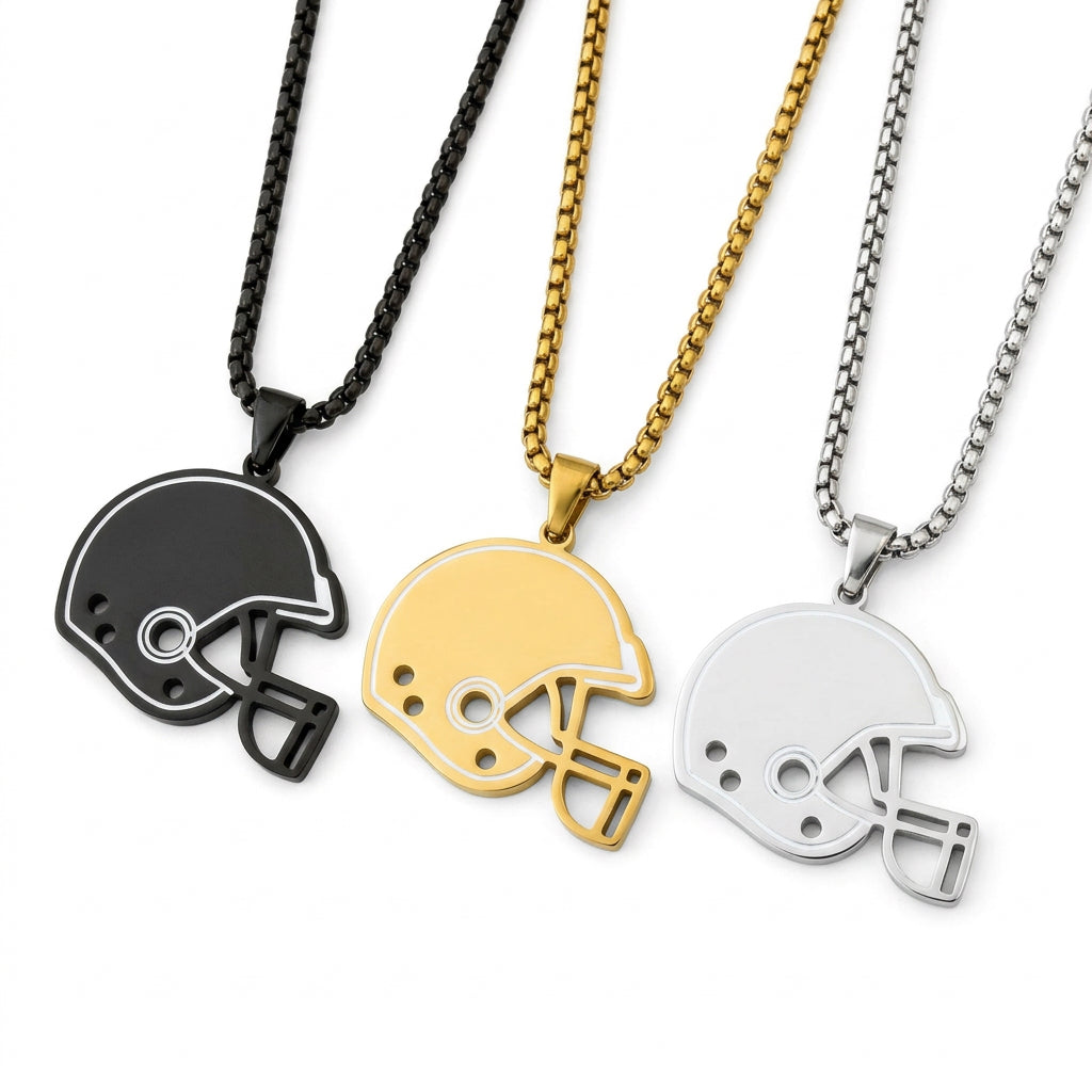 Football helmet pendant necklaces in black, gold, and silver