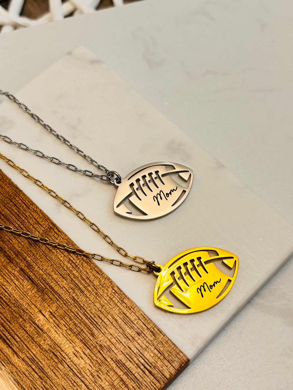 Personalized football necklaces in gold and silver engraved Mom