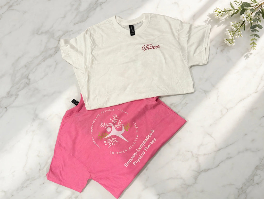 Custom white and pink DTF printed t-shirts with personalized logo and Thriver chest print
