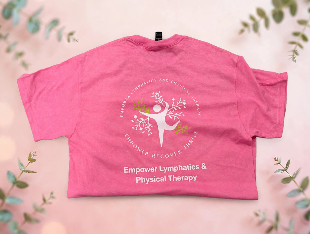 Custom pink DTF t-shirt with personalized business logo back print, Empower Lymphatics and Physical Therapy