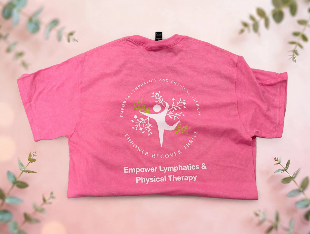 Custom pink DTF t-shirt with personalized business logo back print, Empower Lymphatics and Physical Therapy