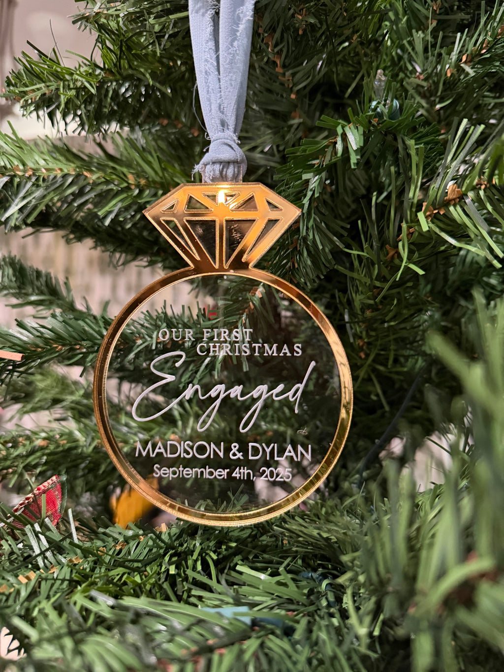 Our First Christmas Engaged Ornament on tree