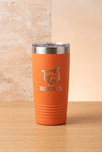 Personalized orange 20oz laser-engraved Bobcats tumbler with silver wildcat logo reveal